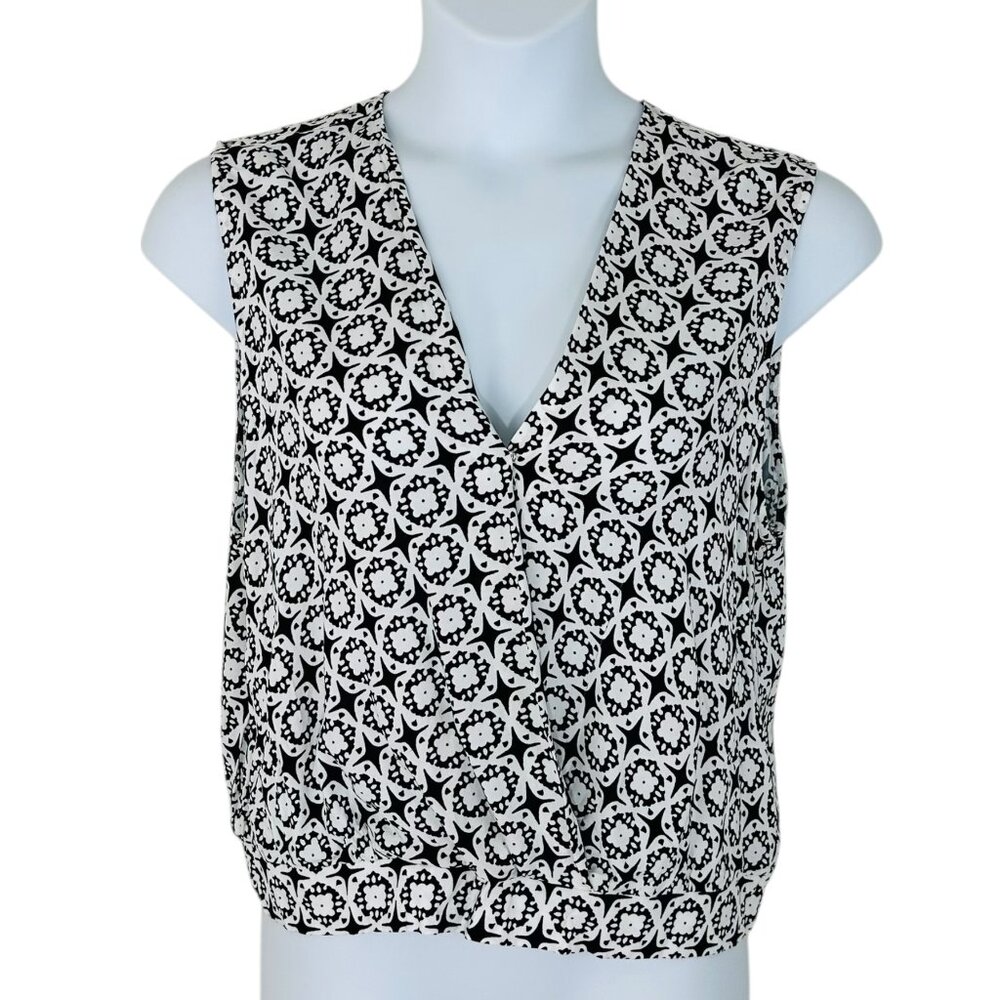 Halogen Women's Sz XL Print Crossover Bodice Sleeveless White Black Blouse NWOT